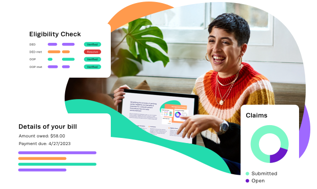 Illustration of young woman presenting eligibility checks, claims and bill details charts