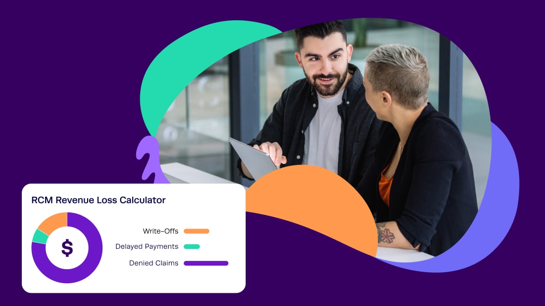 Coworkers reviewing Kipu's RCM Revenue Loss Calculator with an illustration of the results over top